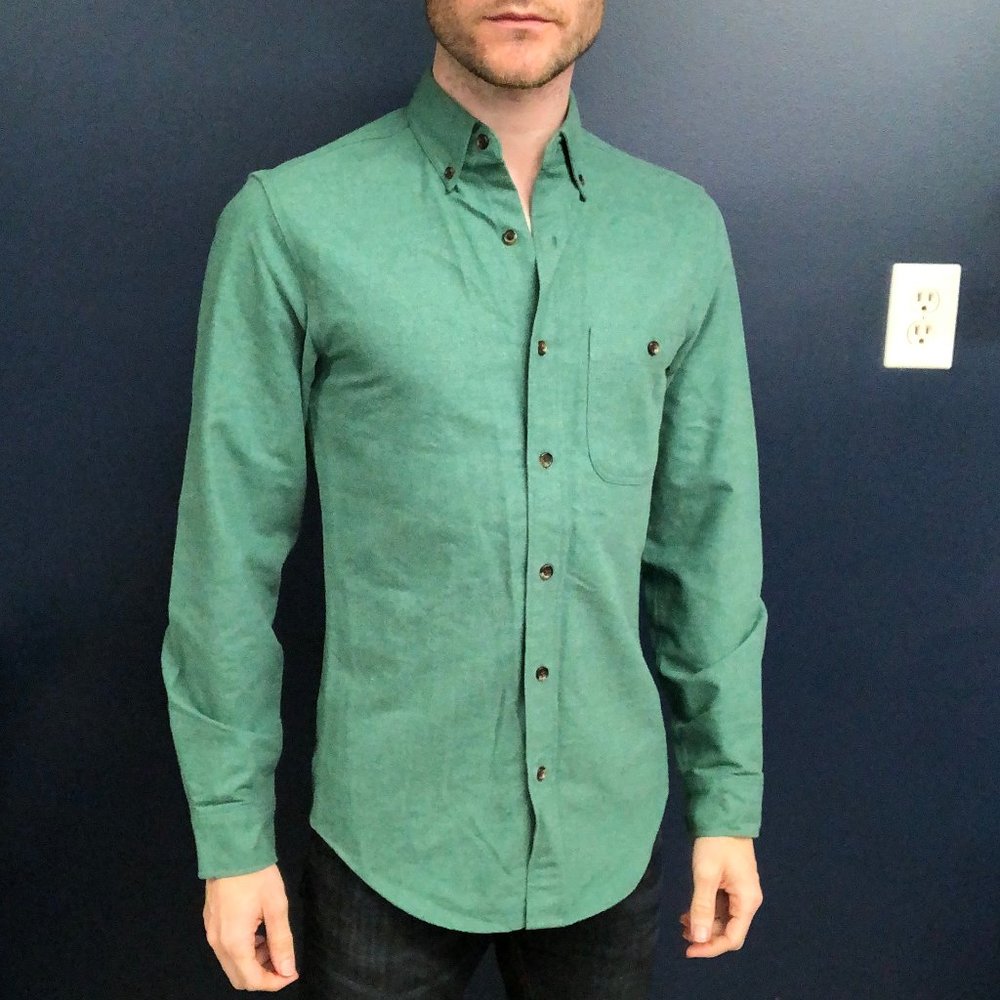 J Crew sage green shirt, brown leather detail